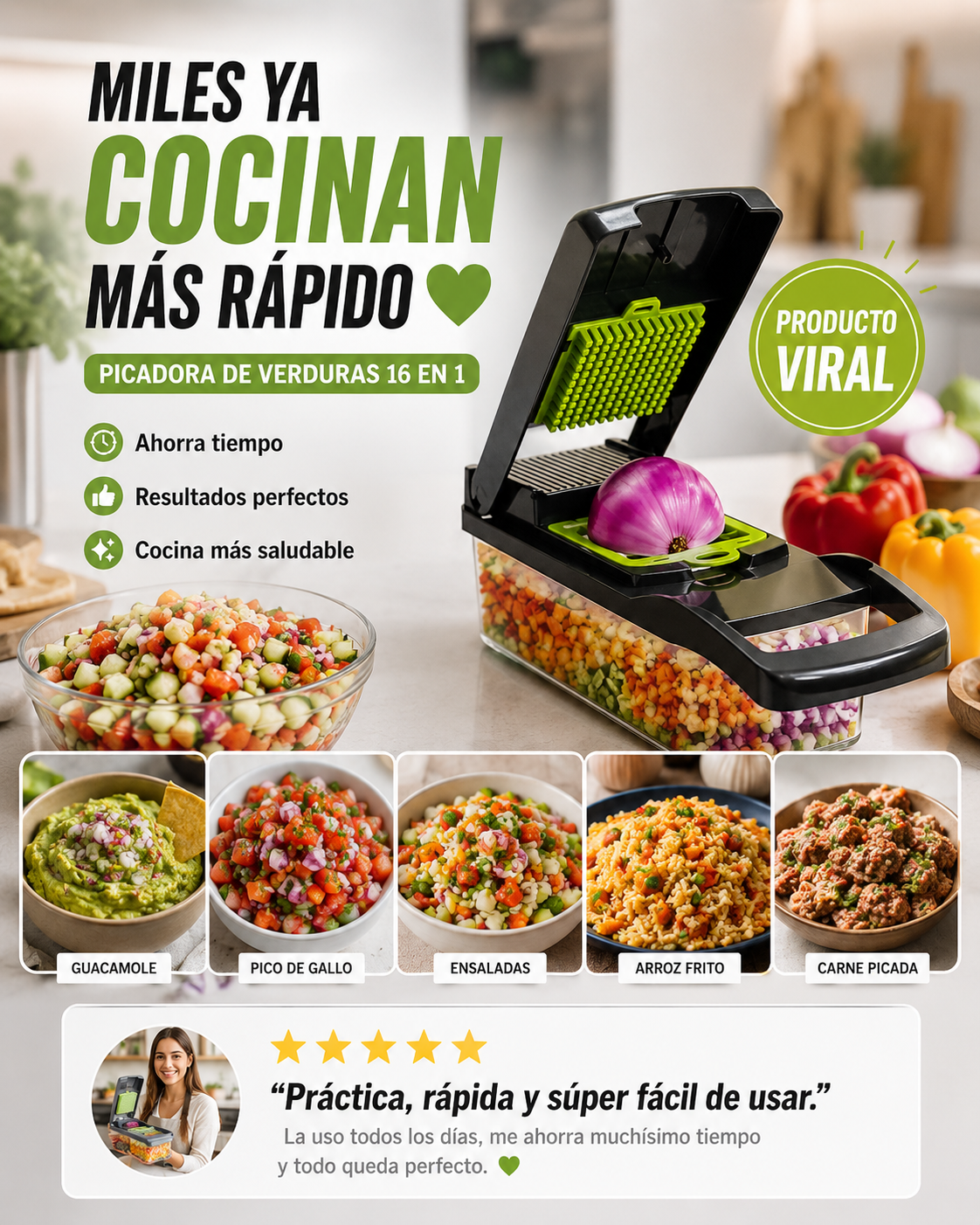 Picadora Multifuncional- 16 Piezas De Acero Inoxidable- Corta, Pica y Ralla en Segundos