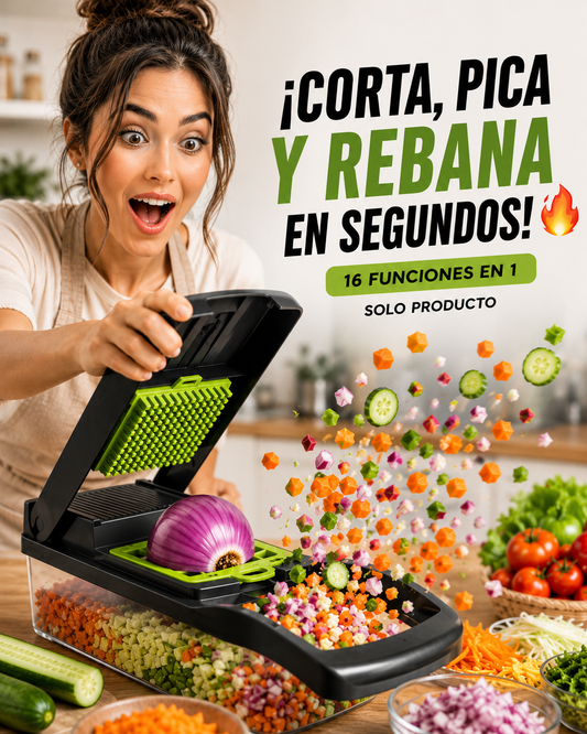 Picadora Multifuncional- 16 Piezas De Acero Inoxidable- Corta, Pica y Ralla en Segundos