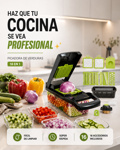 Picadora Multifuncional- 16 Piezas De Acero Inoxidable- Corta, Pica y Ralla en Segundos