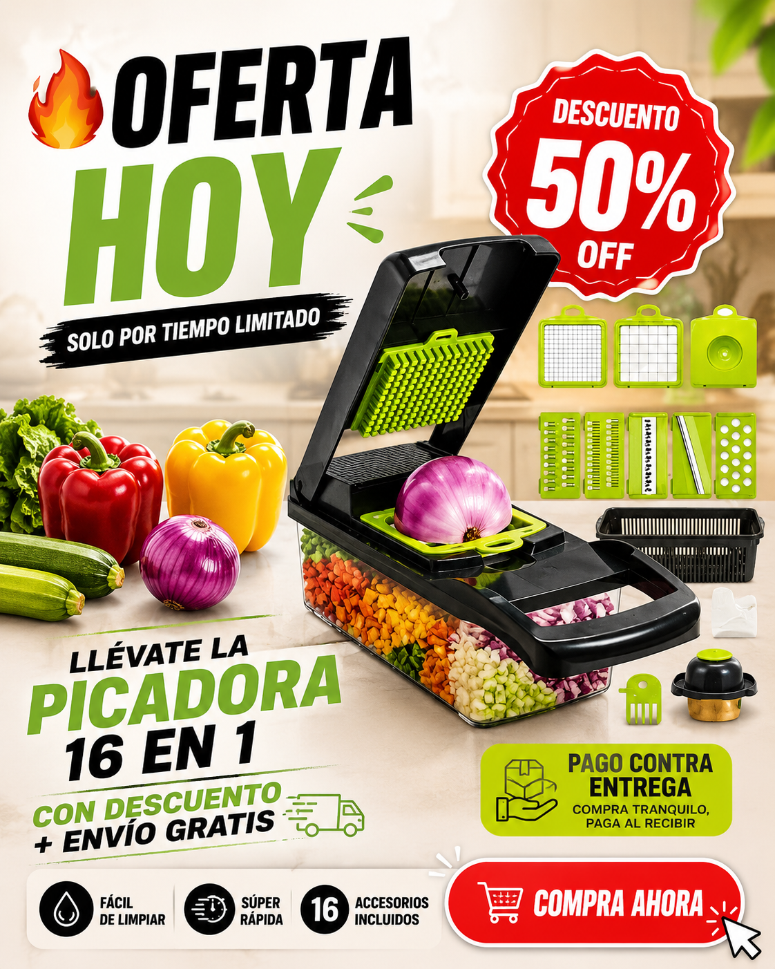 Picadora Multifuncional- 16 Piezas De Acero Inoxidable- Corta, Pica y Ralla en Segundos