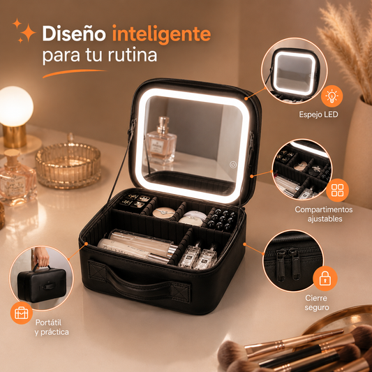 Cosmetiquera Portátil con Espejo LED