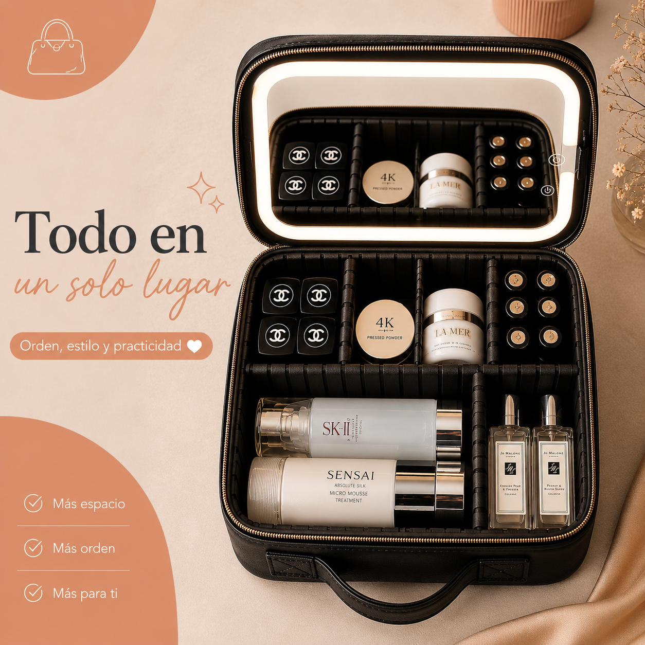 Cosmetiquera Portátil con Espejo LED