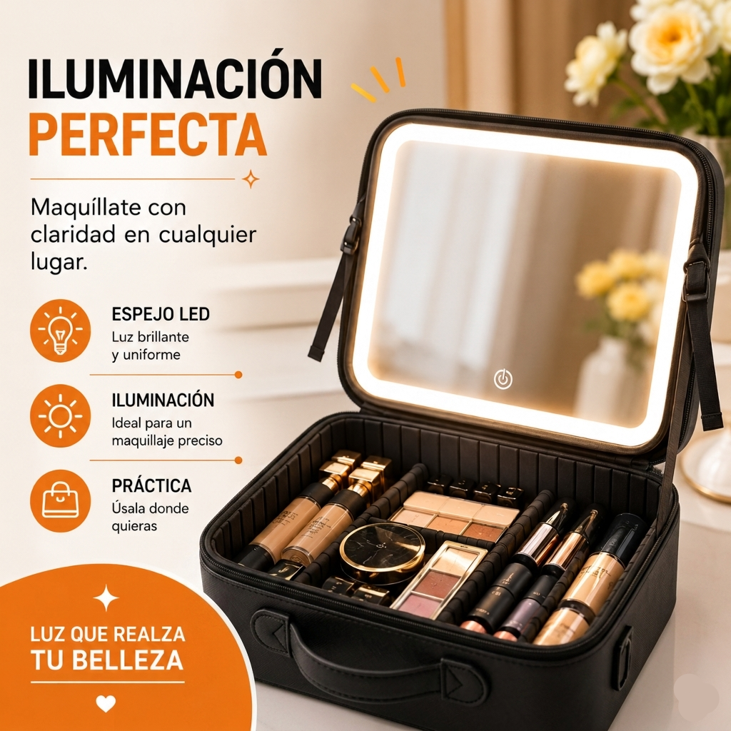 Cosmetiquera Portátil con Espejo LED